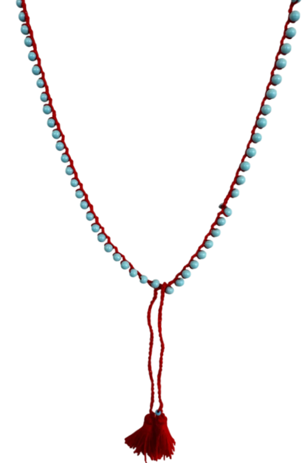 Collana lunga con perline blu e nappine_rosse